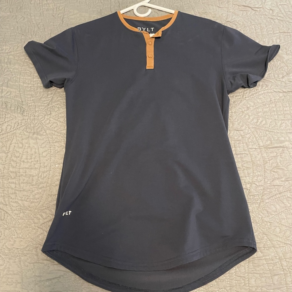 BYLT men’s shirt- size small- color blue with tan collar